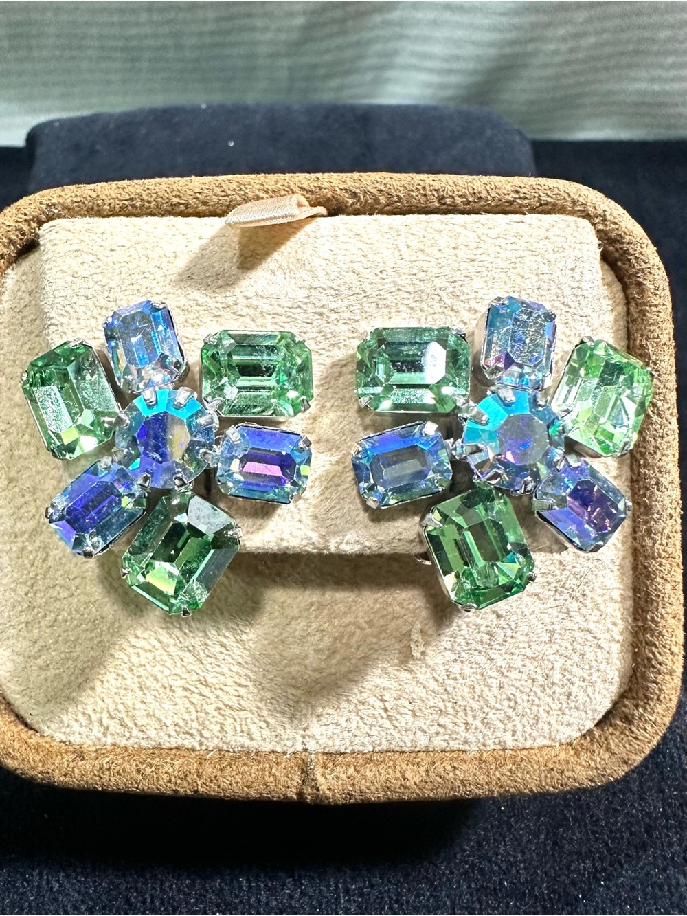 Vtg: KRAMAR  Blue & Green AB Glass Rhinestone Clip On Earrings